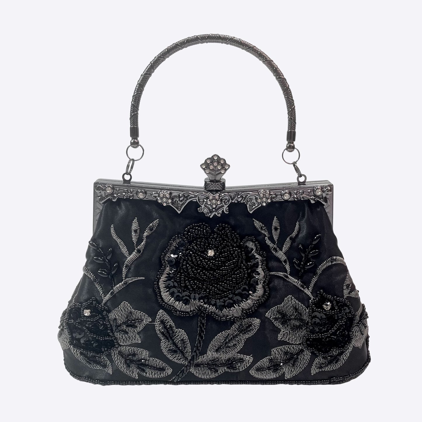 Vintage Floral Beaded Clutch, Satin Evening Bag