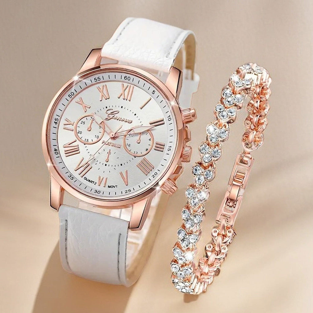 2pcs Women's Casual Round Quartz Watch & Rhinestone Bracelet Set