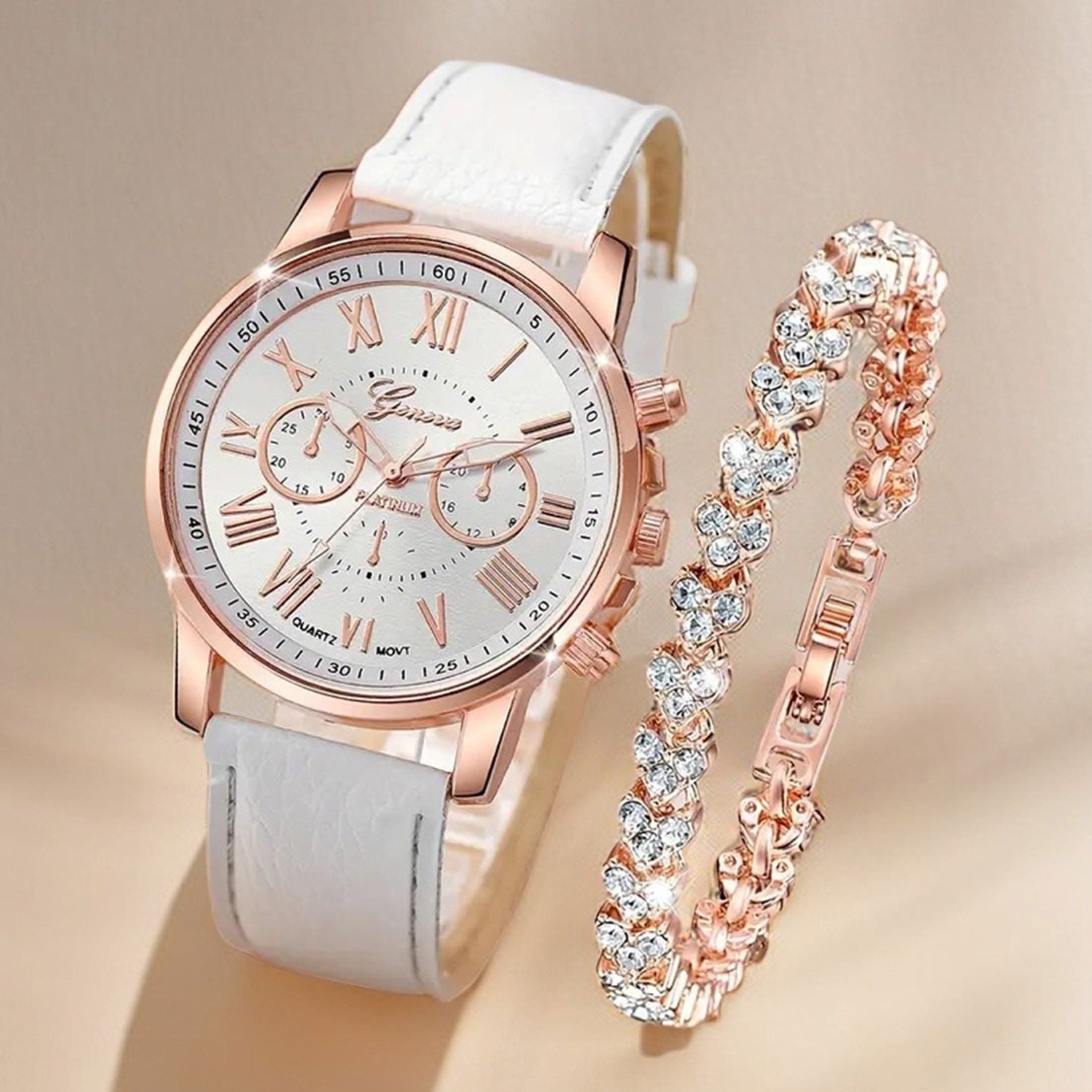 2pcs Women's Casual Round Quartz Watch & Rhinestone Bracelet Set