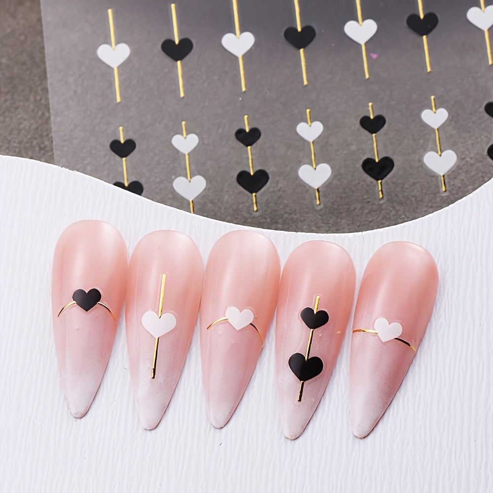 5-Piece Gold Line & Heart Nail Art Stickers – Black & White Valentine's DIY Set