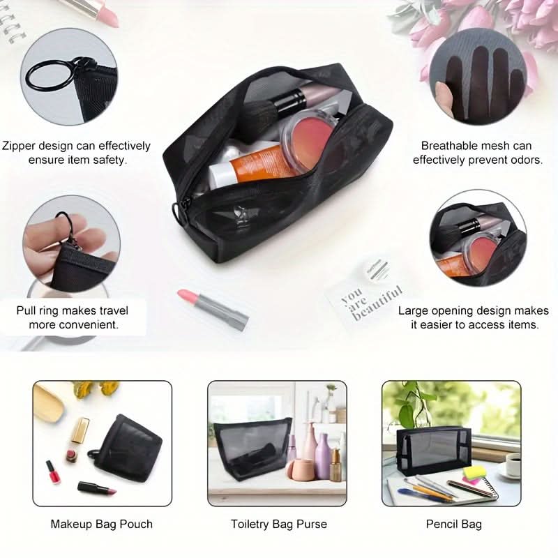 3-Piece Set Nylon Mesh Makeup Bags - Lightweight Travel Organizers
