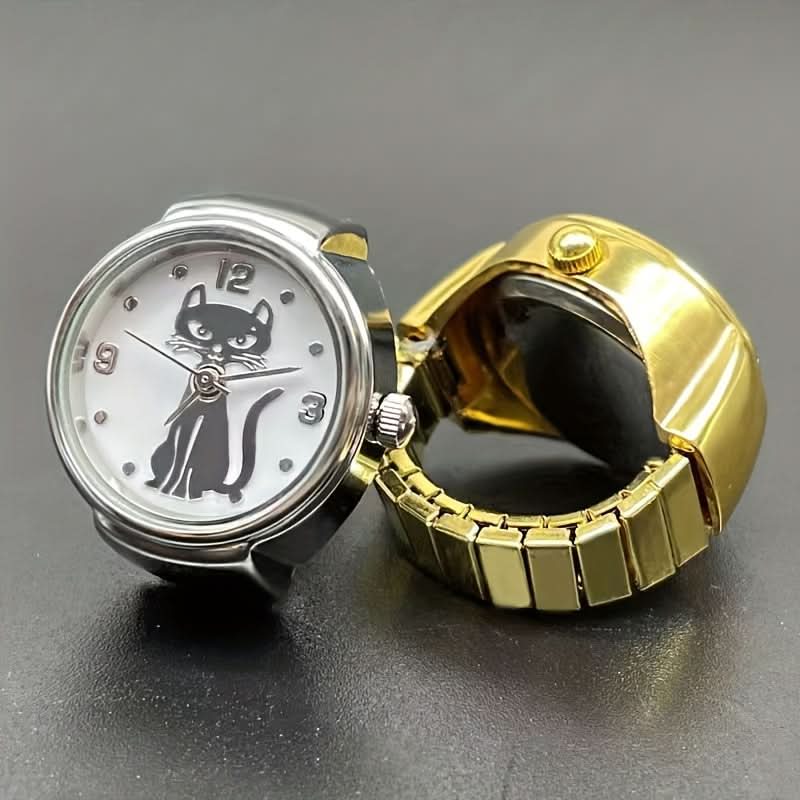 Cute Cartoon Cat Quartz Ring Watch – Unisex, Elastic, Gift Idea