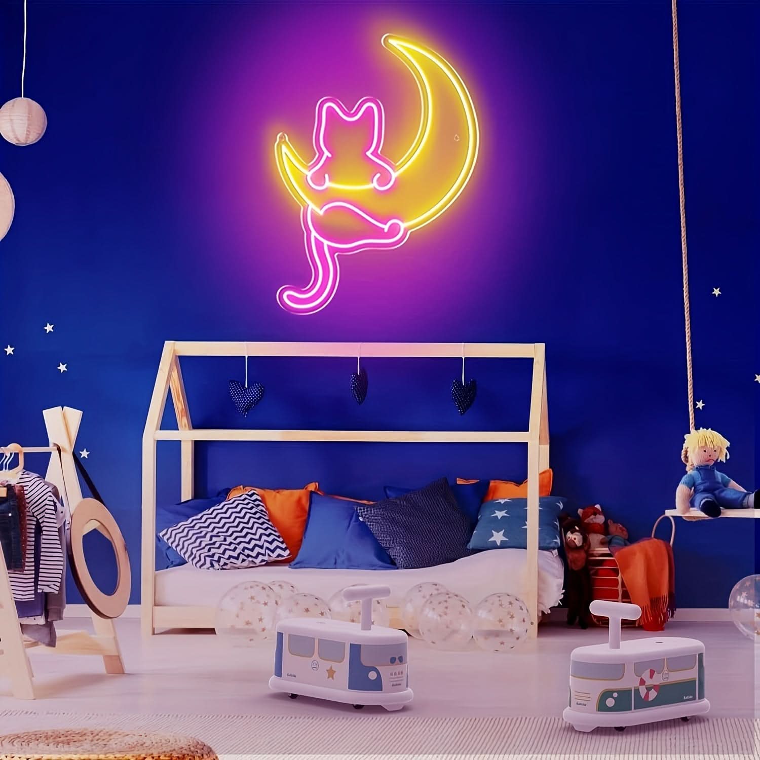 Customizable Cat & Moon Neon Sign - LED Wall Art, USB Powered, Dimmable