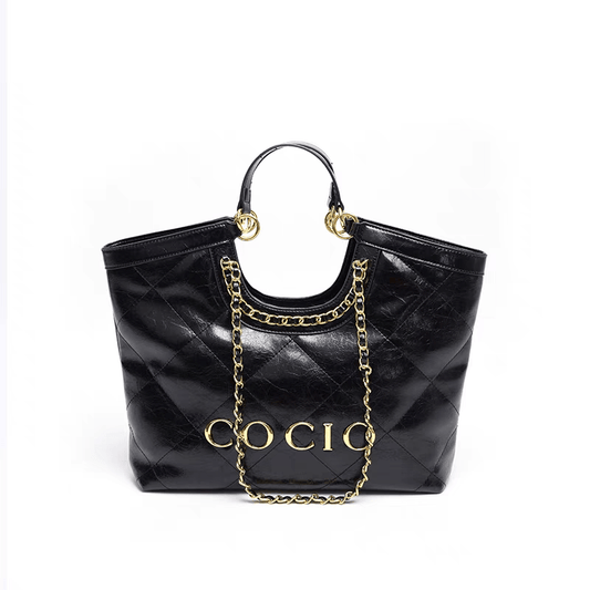 Black Faux Leather Tote Bag with Chain Strap