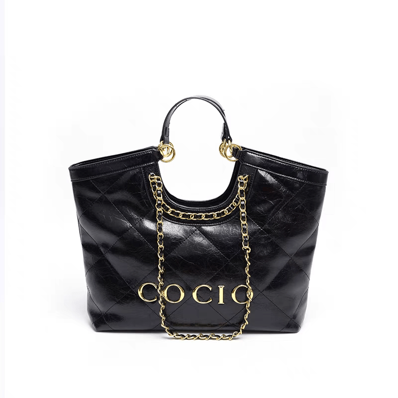 Black Faux Leather Tote Bag with Chain Strap