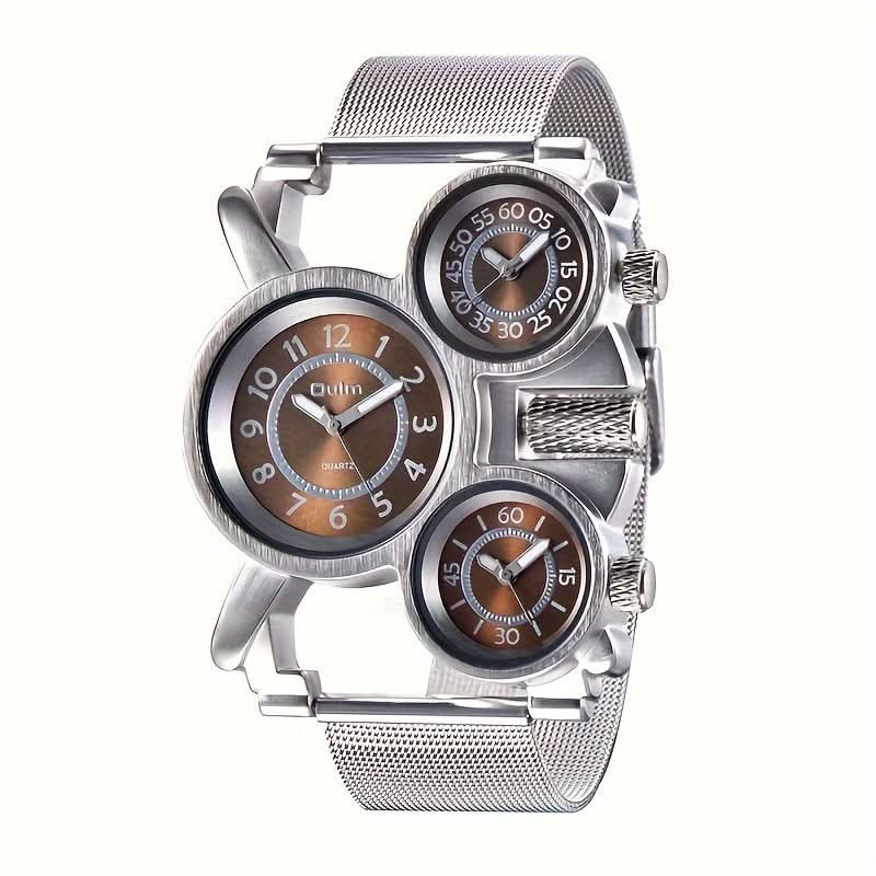 Men’s Multi-Time Zone Quartz Watch – 3 Dials, Stainless Steel Mesh Band