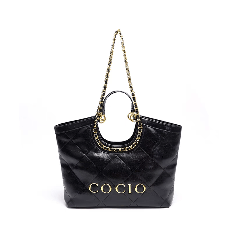 Black Faux Leather Tote Bag with Chain Strap