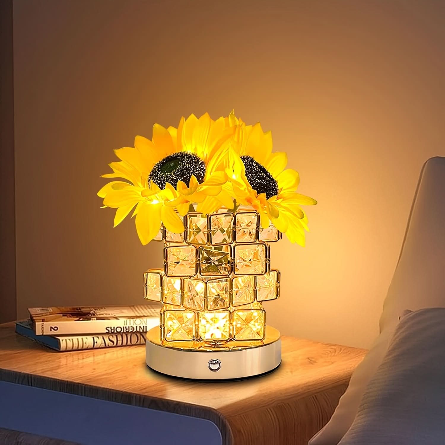 LED Sunflower Night Light with Crystal Vase – USB Rechargeable