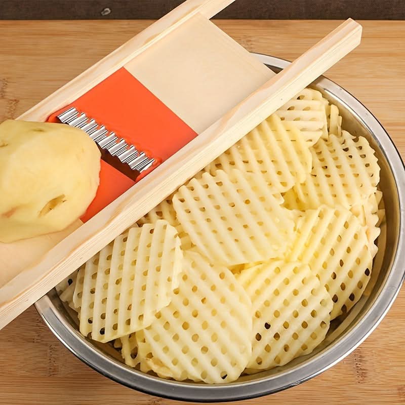 Stainless Steel Waffle Fry Slicer with Natural Wood Handle