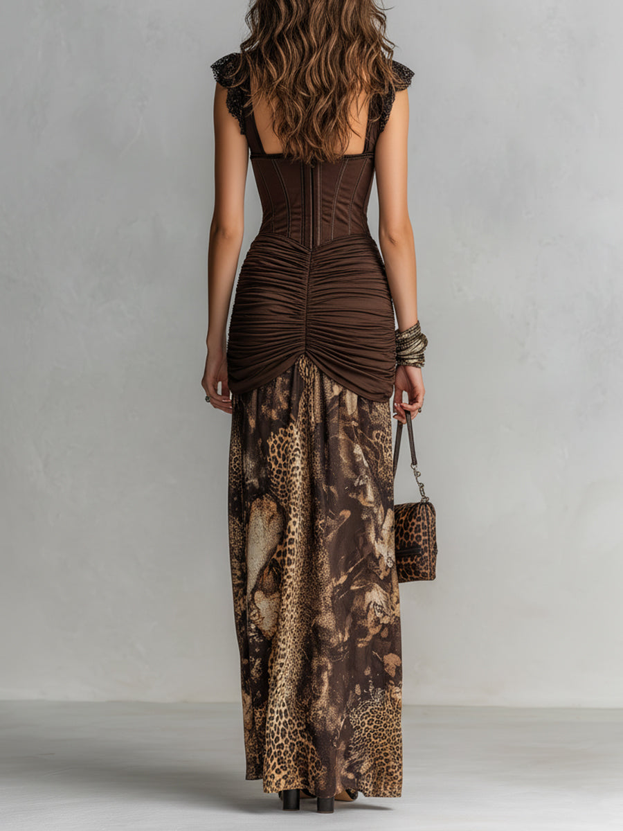 Vintage Corset Leopard Print Pleated Maxi Dress