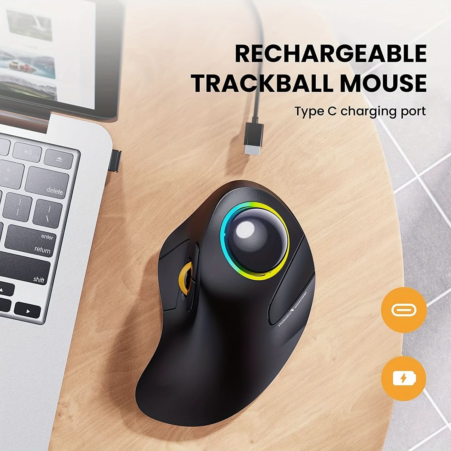 Wireless Ergonomic Trackball Mouse with RGB – Finger-operated