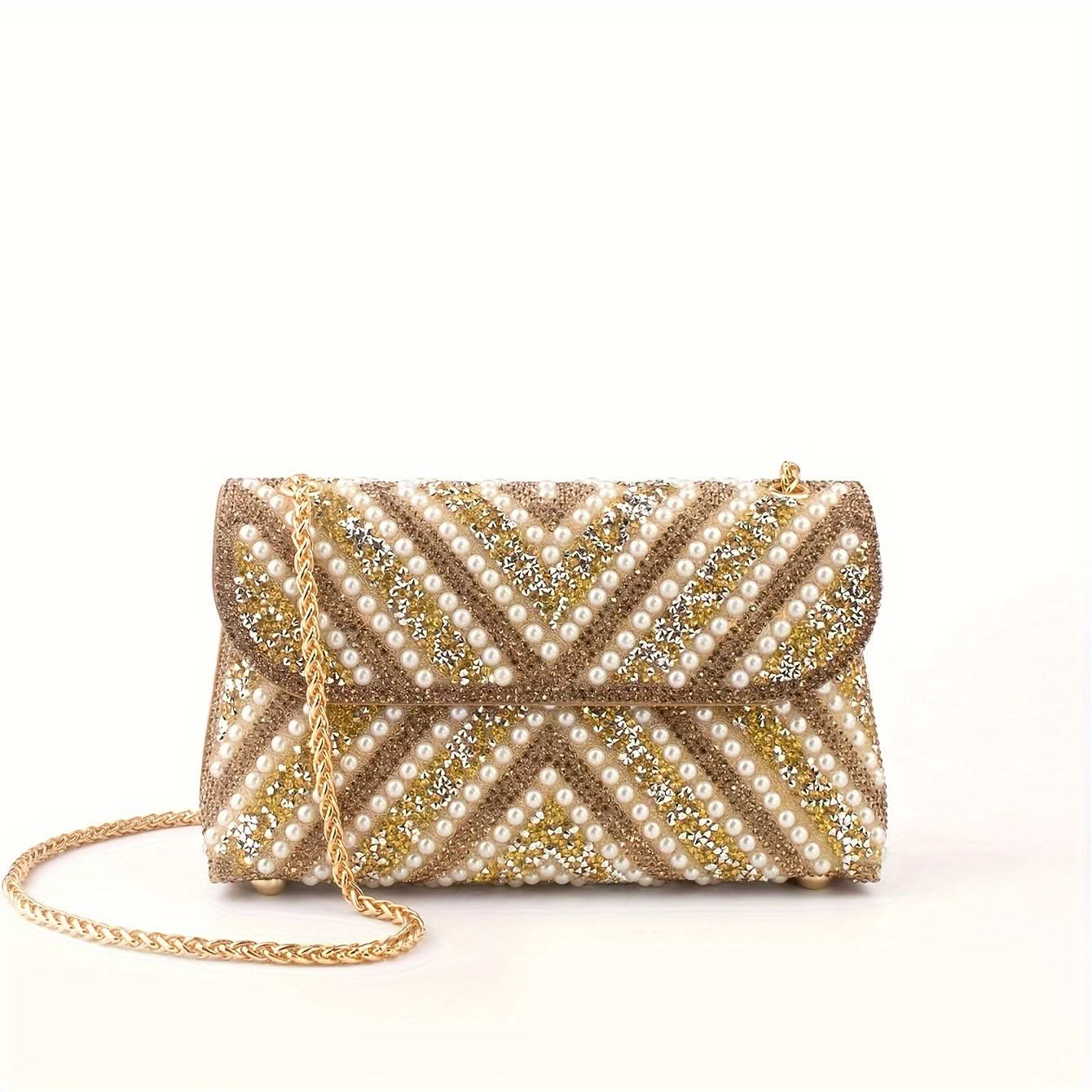 Pink Rhinestone Pearl Clutch – Chain Strap Bag