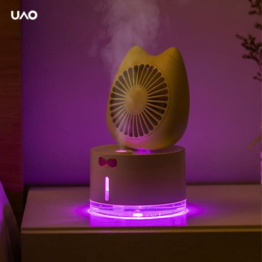 Portable Cat-Shaped USB Humidifier & Fan – Rechargeable with LED Light