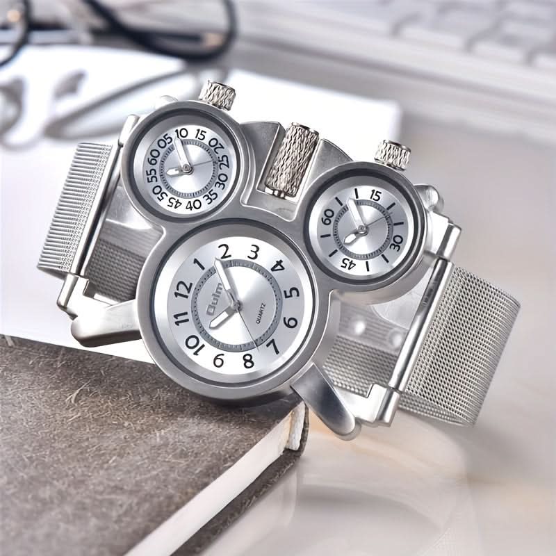 Men’s Multi-Time Zone Quartz Watch – 3 Dials, Stainless Steel Mesh Band