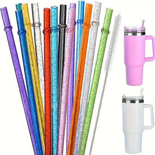 12pcs Reusable Glitter Straws - Extra Long Plastic Straws with Cleaning Brush