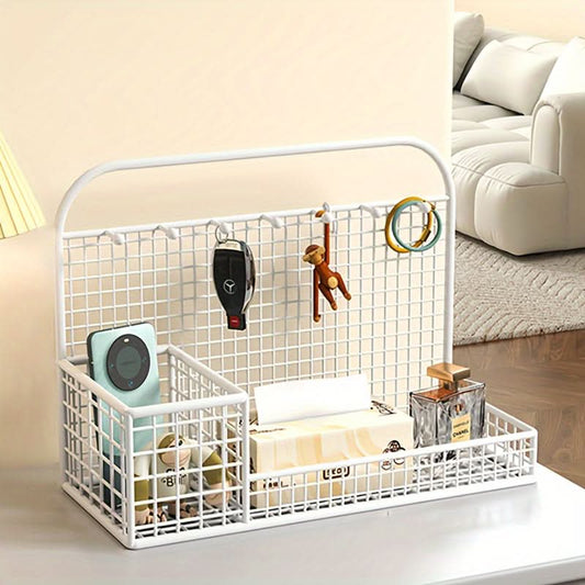 Metal Desk Organizer with Hooks, Compact Multi-Function Storage
