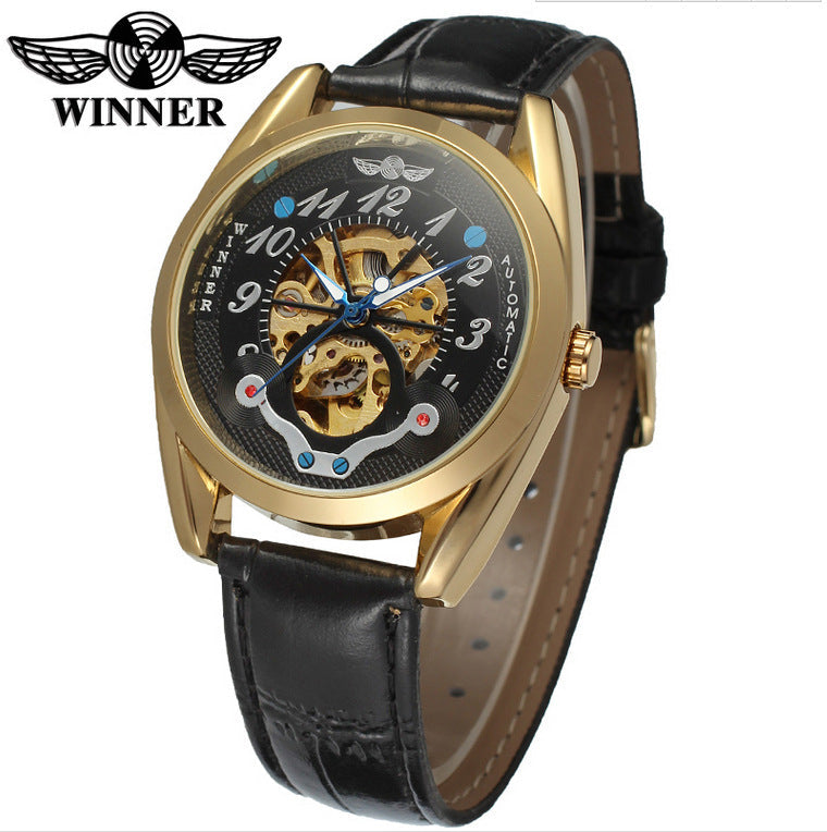 T-Winner Men’s Hollow Mechanical Watch – Business Leather Strap Automatic Timepiece