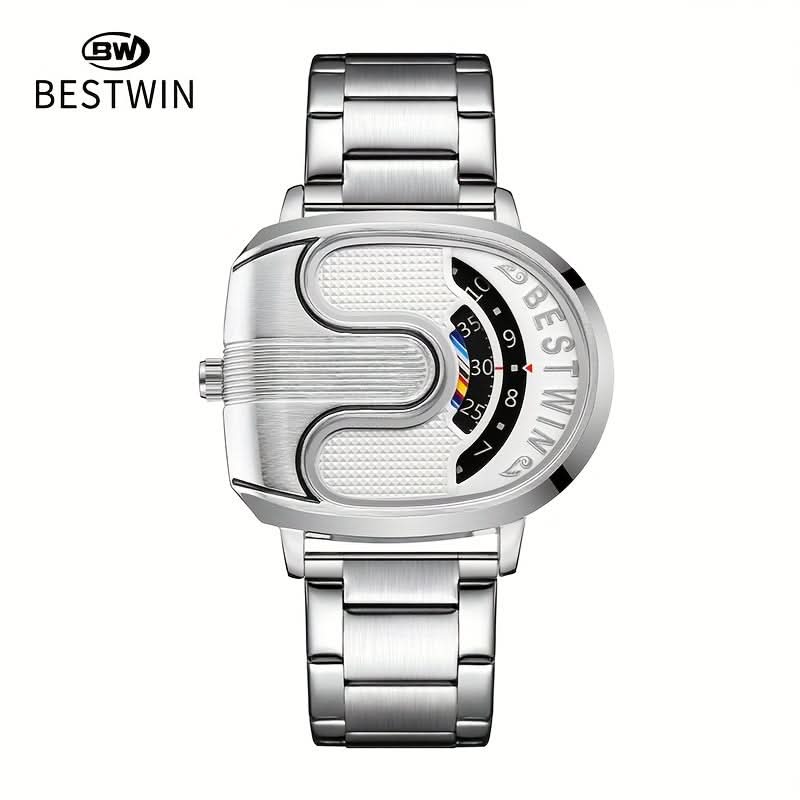 Men’s U-Shaped Digital Quartz Watch – Stainless Steel Band, Date & Stopwatch