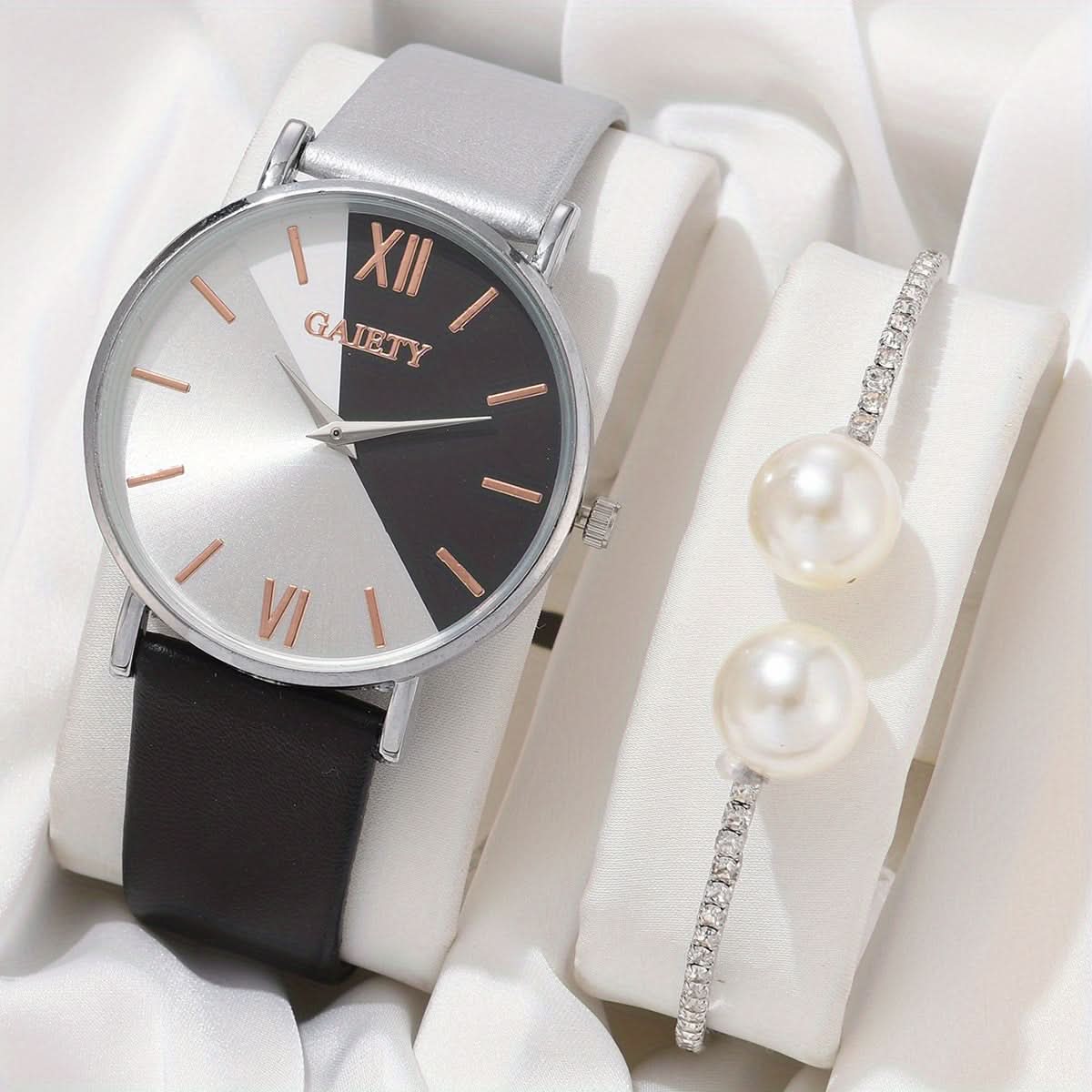 Minimalist Quartz Watch with PU Strap and Matching Bracelet