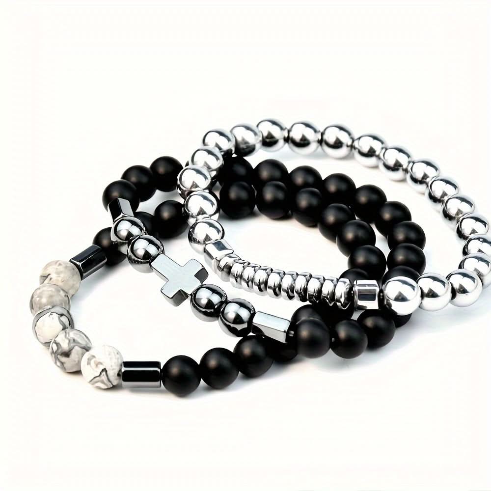 3-Piece Men's Black Gallstone Cross Bracelet Set