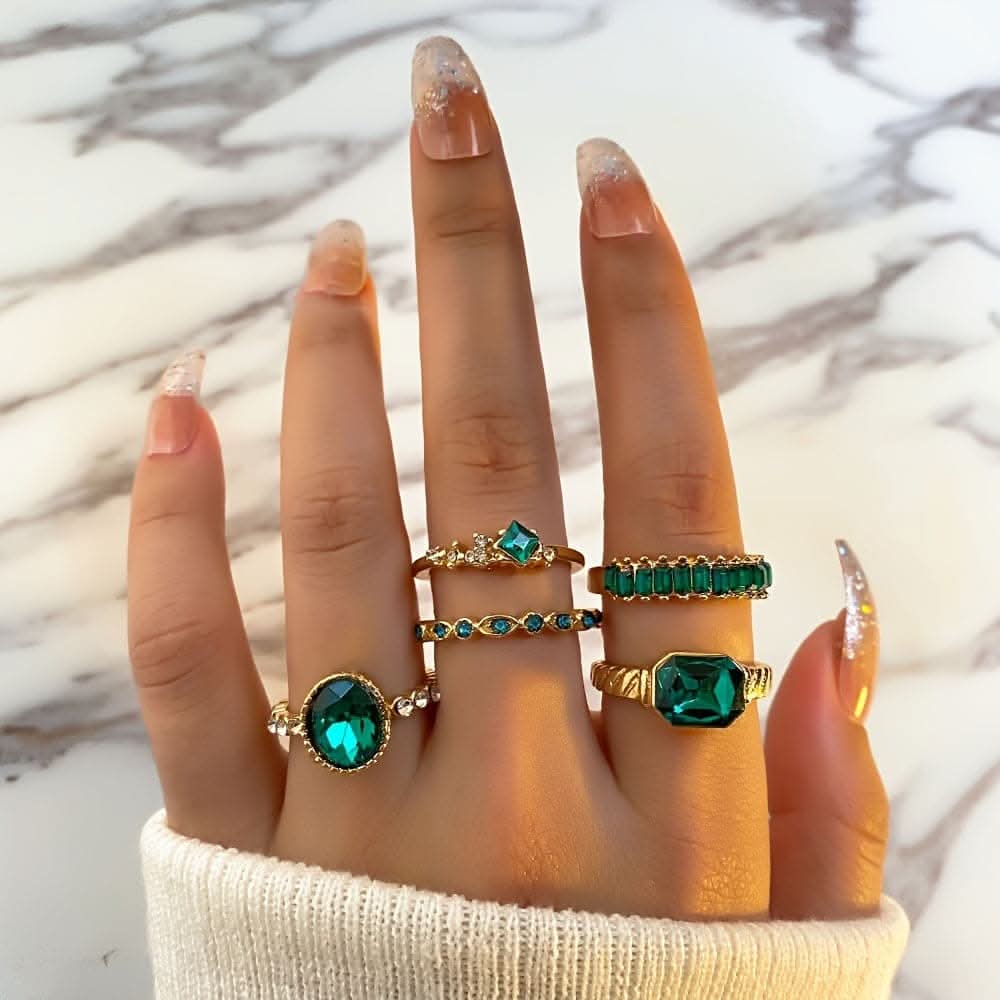 Green Rhinestone Ring Set – 5-Piece Geometric Design