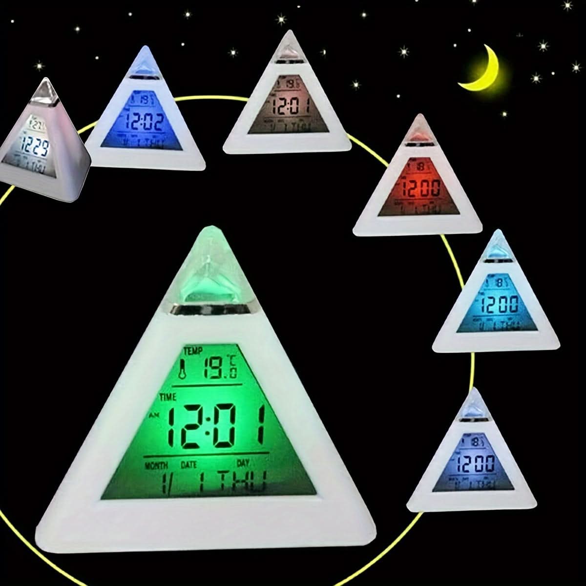 7-Color Changing LED Digital Alarm Clock – Pyramid Night Light