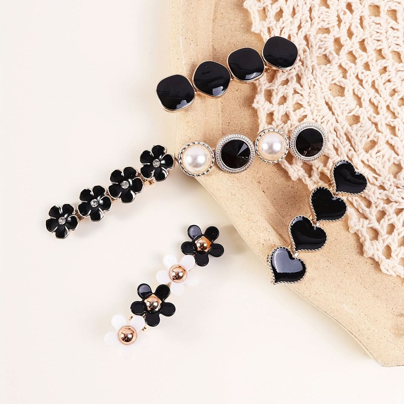 5pcs Black Heart Flower Pearl Hair Clips - Elegant Women's Hair Accessories