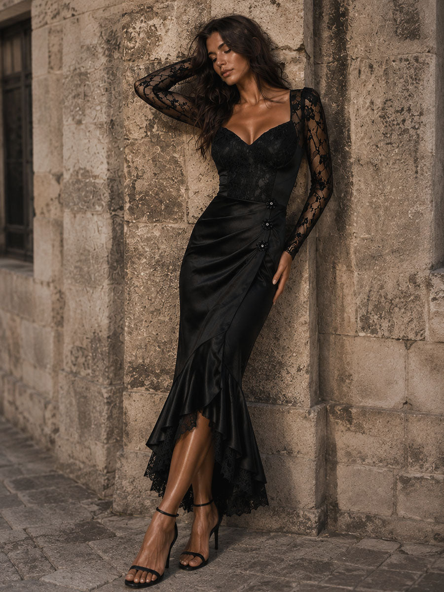 Elegant Black Lace Satin Sweetheart Ruched Mermaid Midi Dress