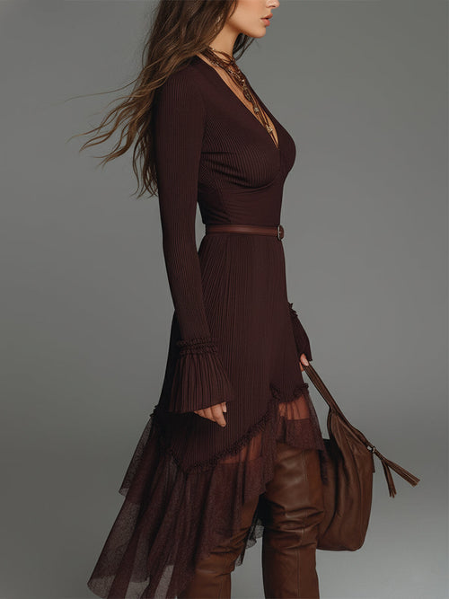 Bohemian Style Pleated Mesh Panel Midi Dress With Belt