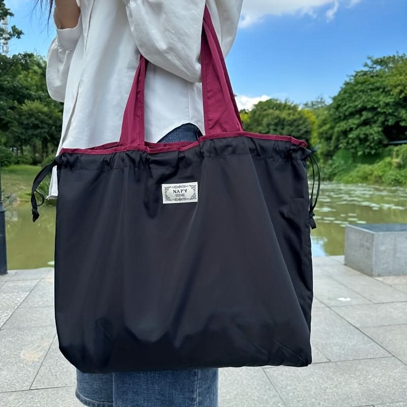 Monochrome Drawstring Shoulder Bag - Stylish & Foldable