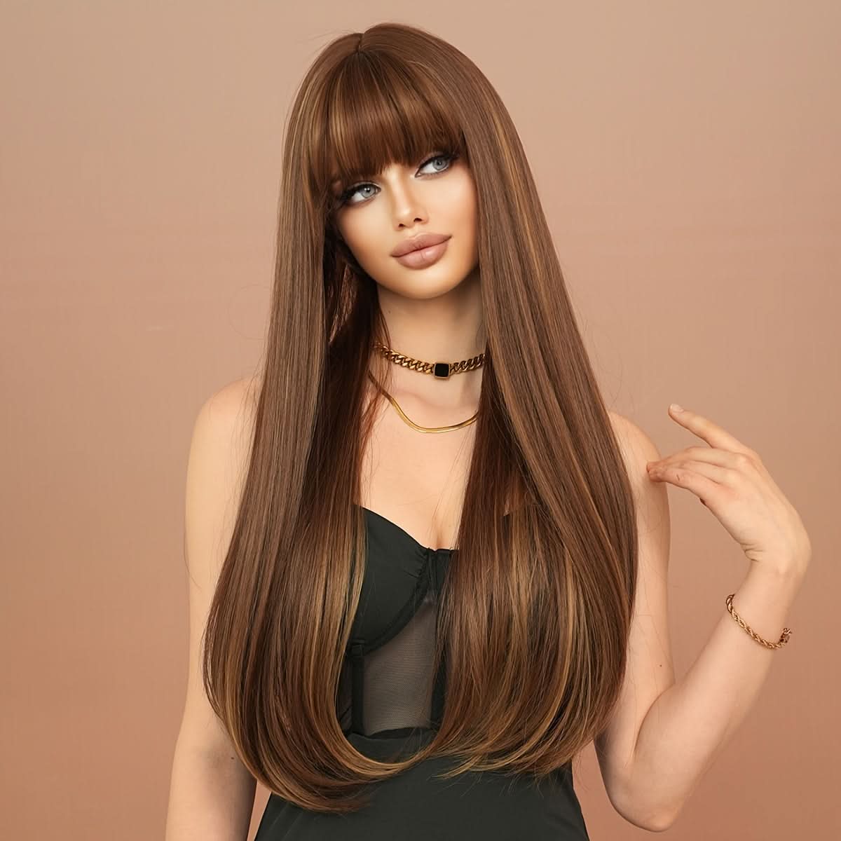 Chic Ombre Honey Brown Wig with Air Bangs – Heat Resistant