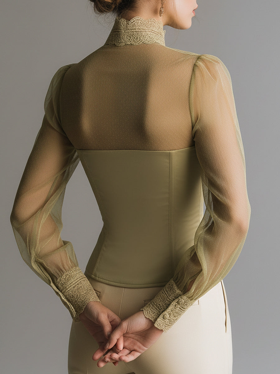 Romantic Mesh And Lace-trimmed Bustier-style Blouse