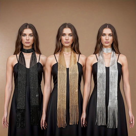 Glittering 3-Piece Metallic Mesh Scarf Set – Golden, Silvery & Black