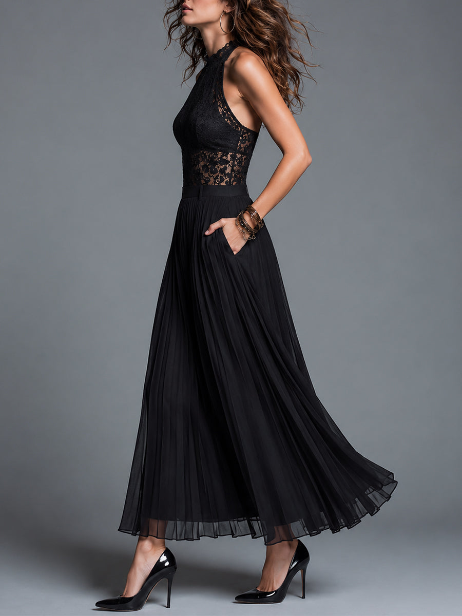 Retro Stand-Collar Cutout Lace Top & Chiffon Pleated Skirt Set