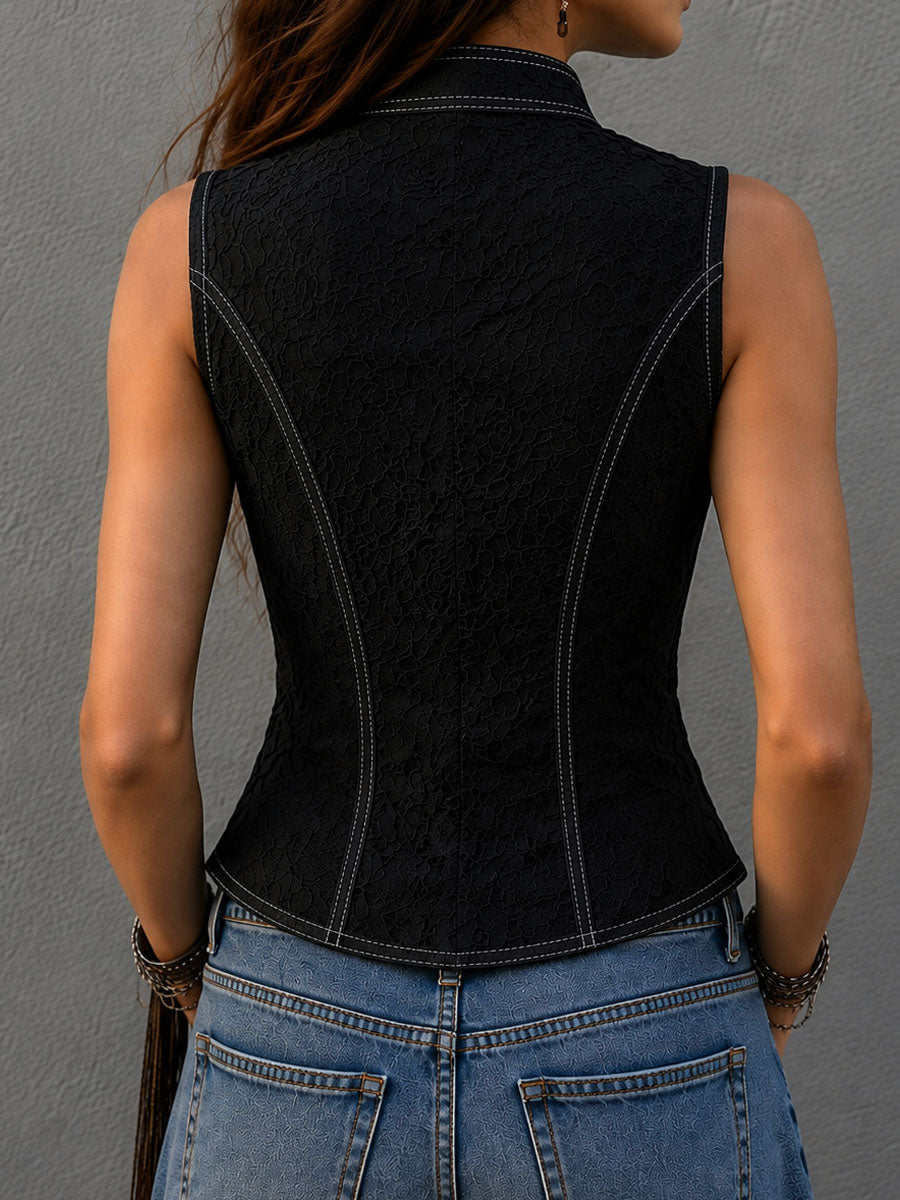 Vintage Lace Contrast Stitch Stand Collar Fitted Waistcoat