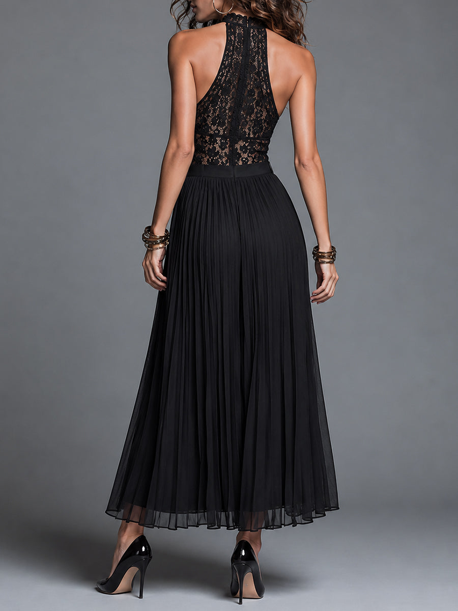 Retro Stand-Collar Cutout Lace Top & Chiffon Pleated Skirt Set