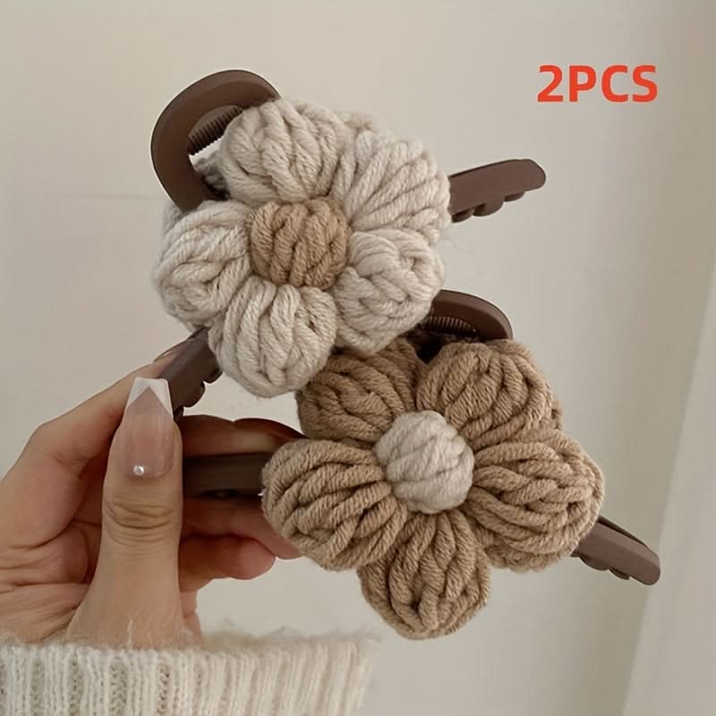 2PCS Large Knitted Floral Hair Claw Clips – Strong Grip for Thick or Thin Hair