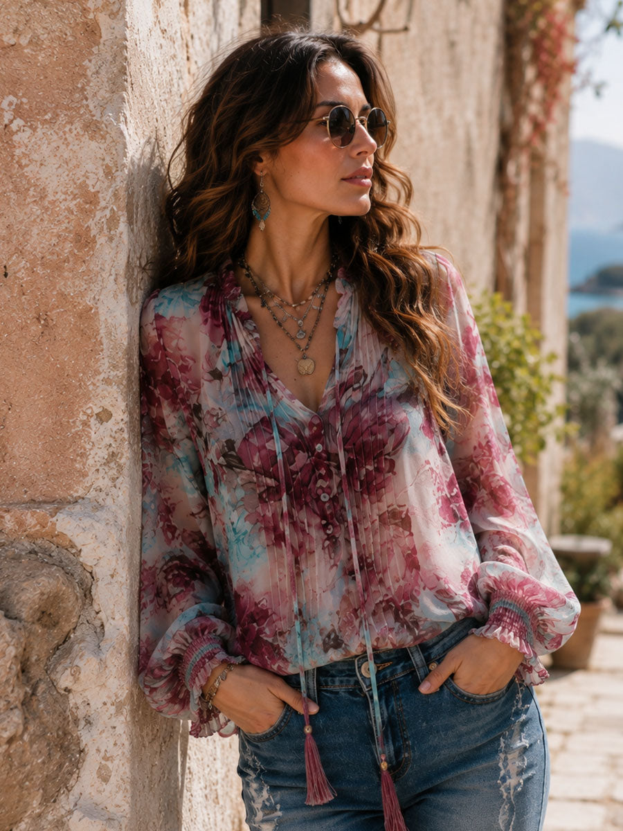 Boho Floral Print Tassel Tie Smocked Cuff Long Sleeve Blouse