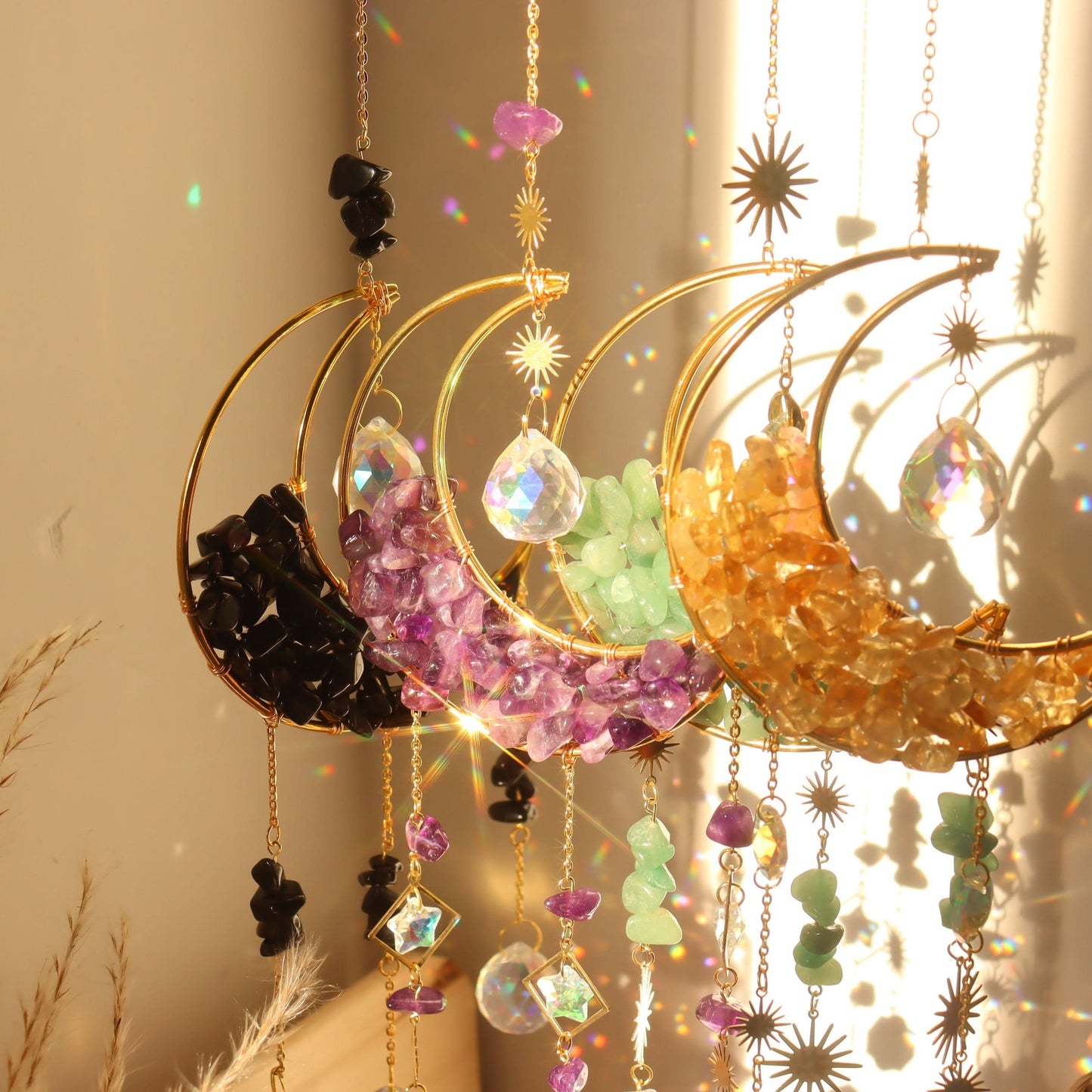 3-Piece Rainbow Amethyst Moon Crystal Prisms Suncatcher – Vibrant For Home Decor