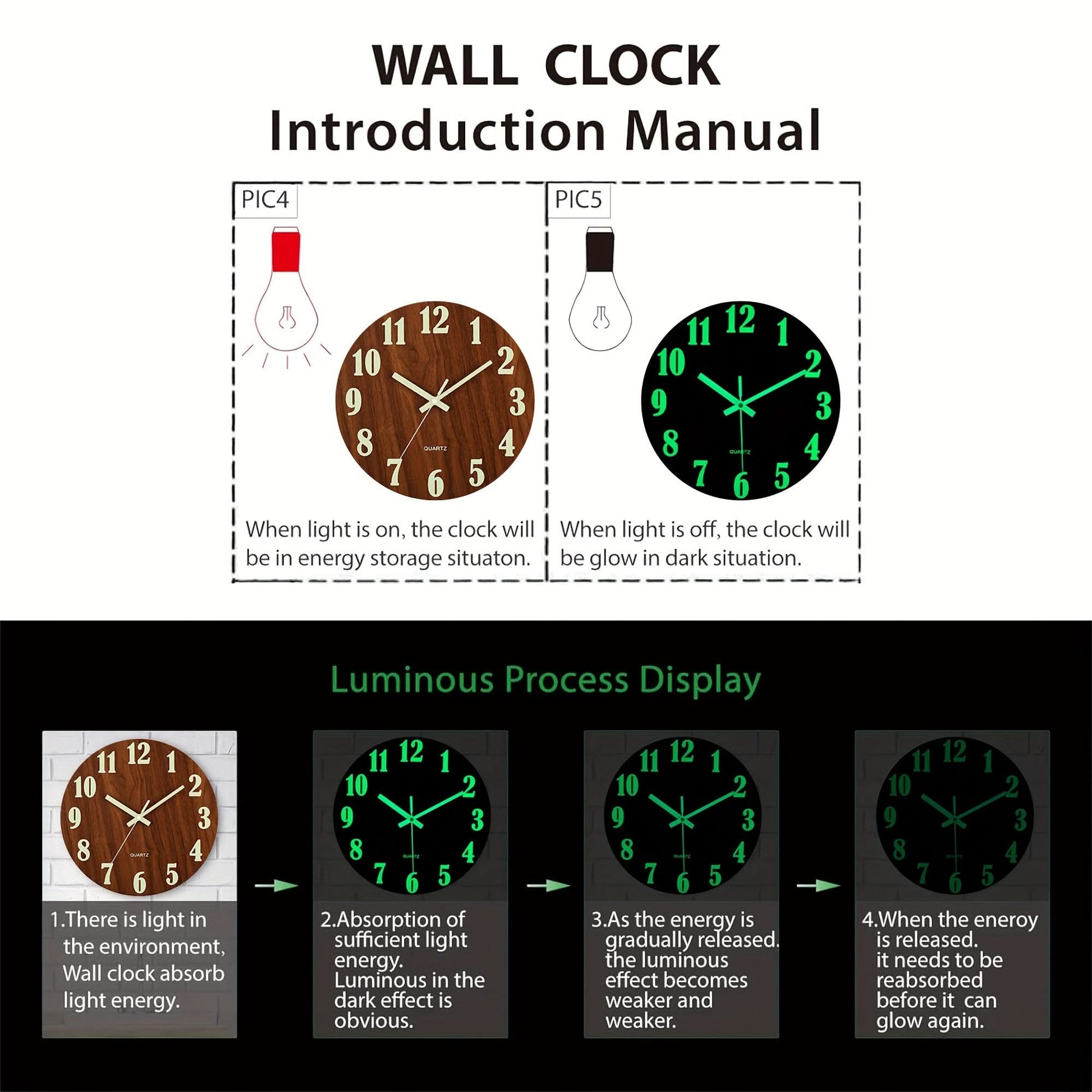 12-Inch Silent Glow-in-the-Dark Wooden Wall Clock