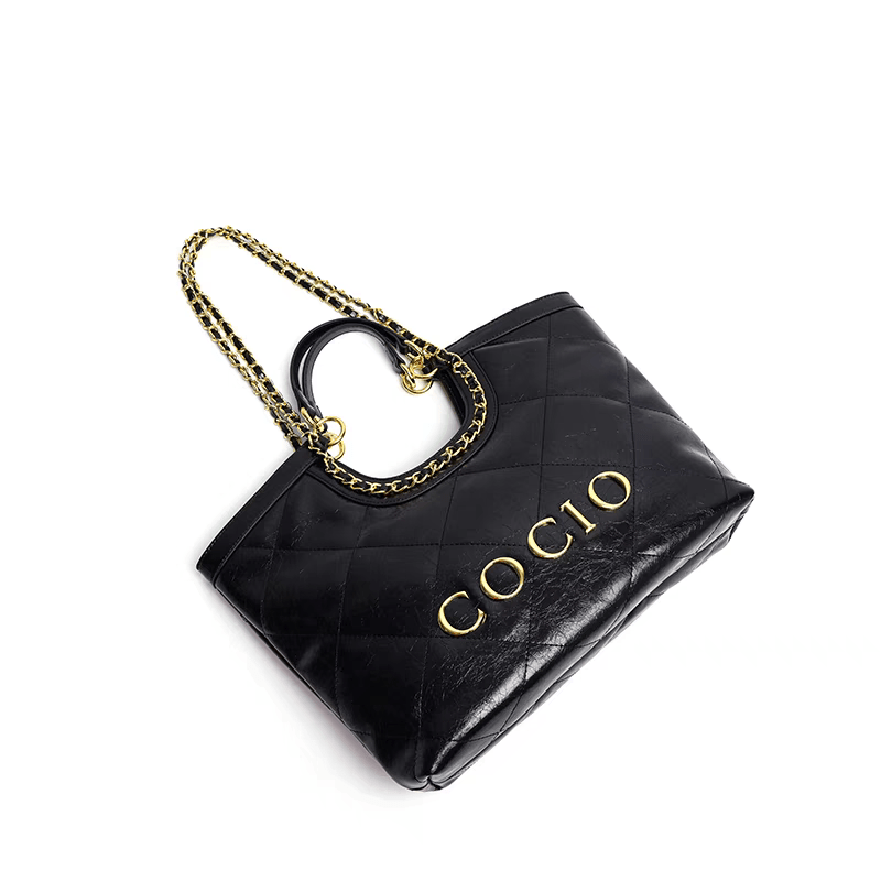 Black Faux Leather Tote Bag with Chain Strap