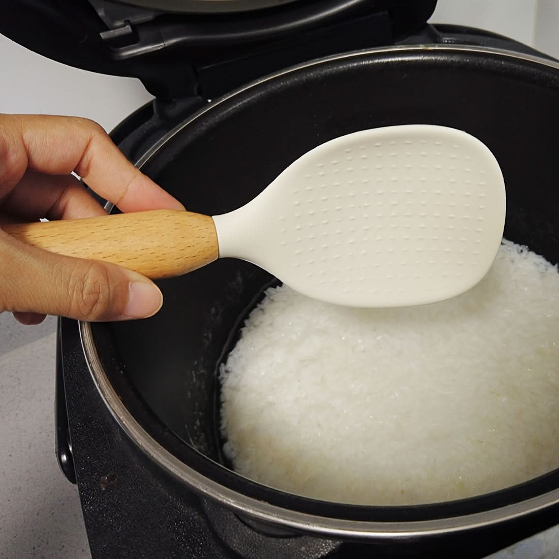 Premium Silicone Rice Spoon with Wooden Handle – Non-Stick & Heat-Resistant