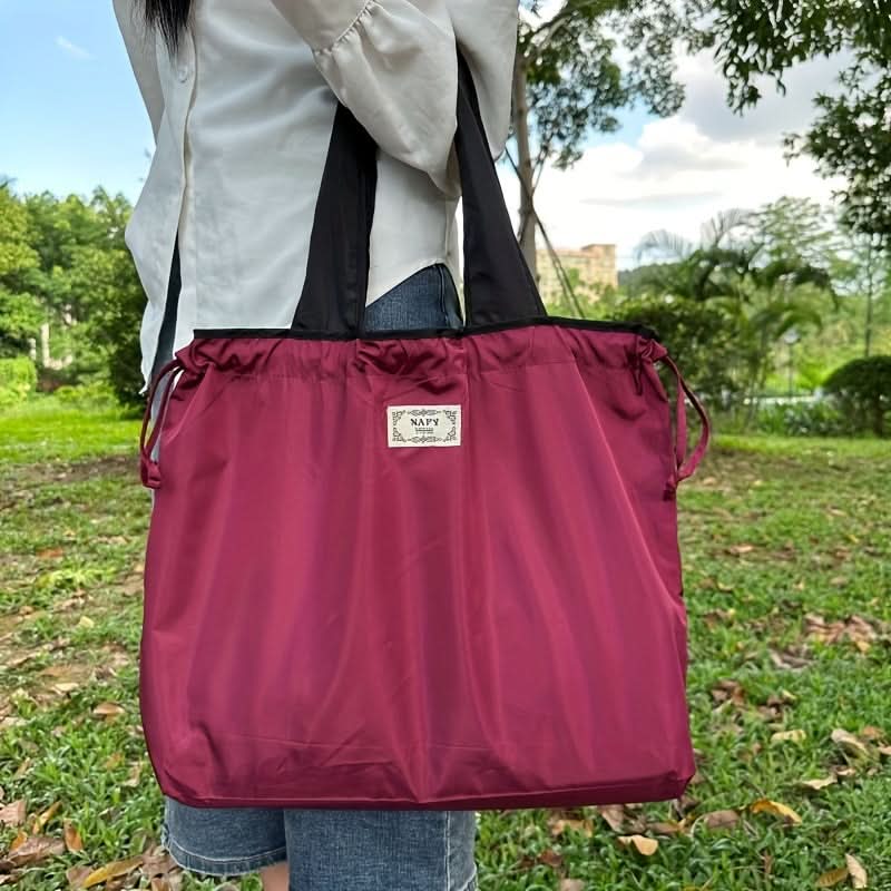 Monochrome Drawstring Shoulder Bag - Stylish & Foldable