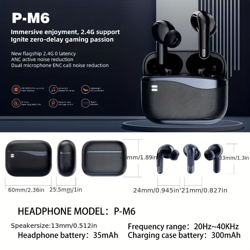 P-M6 Wireless Gaming Earbuds, 2.4G Low Latency, Active Noise Reduction