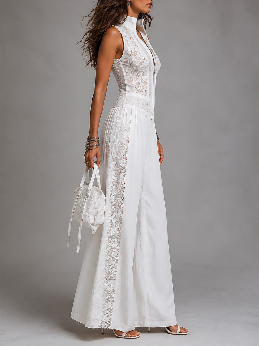Retro Stand-Collar Tencel Wide-Leg Jumpsuit With Lace Trim