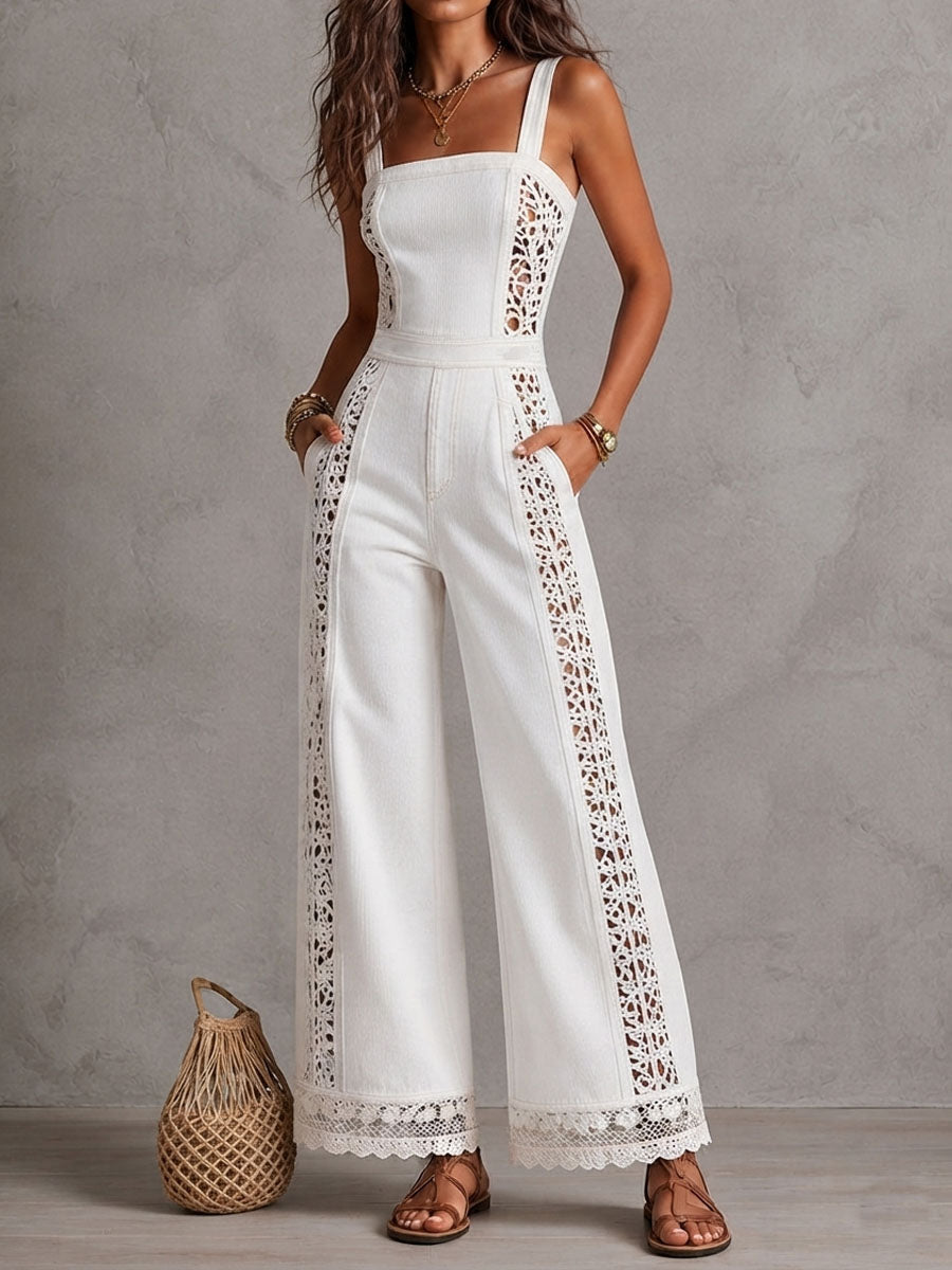Boho White Denim Square Neck Crochet Lace Wide Legs Jumpsuit