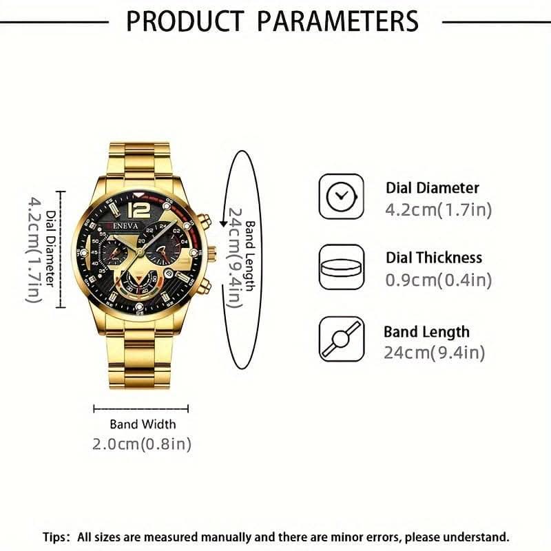 3pcs Set: Men's Calendar Watch, Silvery Bracelet, and Cross Pendant Necklace
