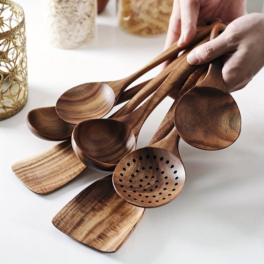 7pcs Natural Teak Wooden Spoons - Non-Stick Spatula Set