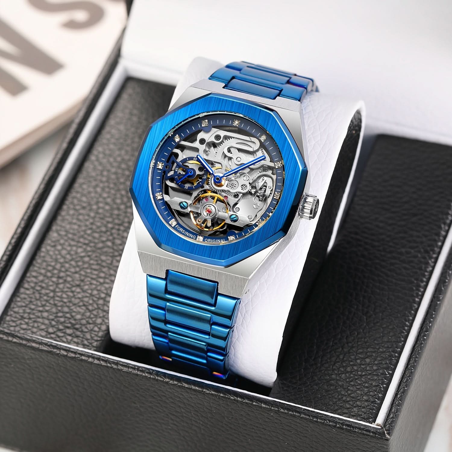 Men's Blue Skeleton Automatic Watch – Stainless Steel, Luminous Hands
