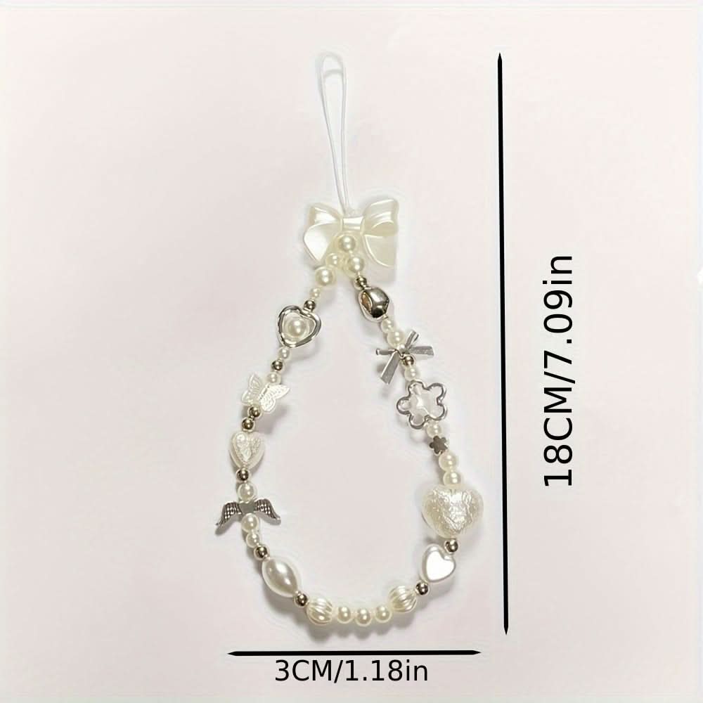 White Bow, Flower, Heart & Butterfly Charms Lanyard & Wrist Strap Set
